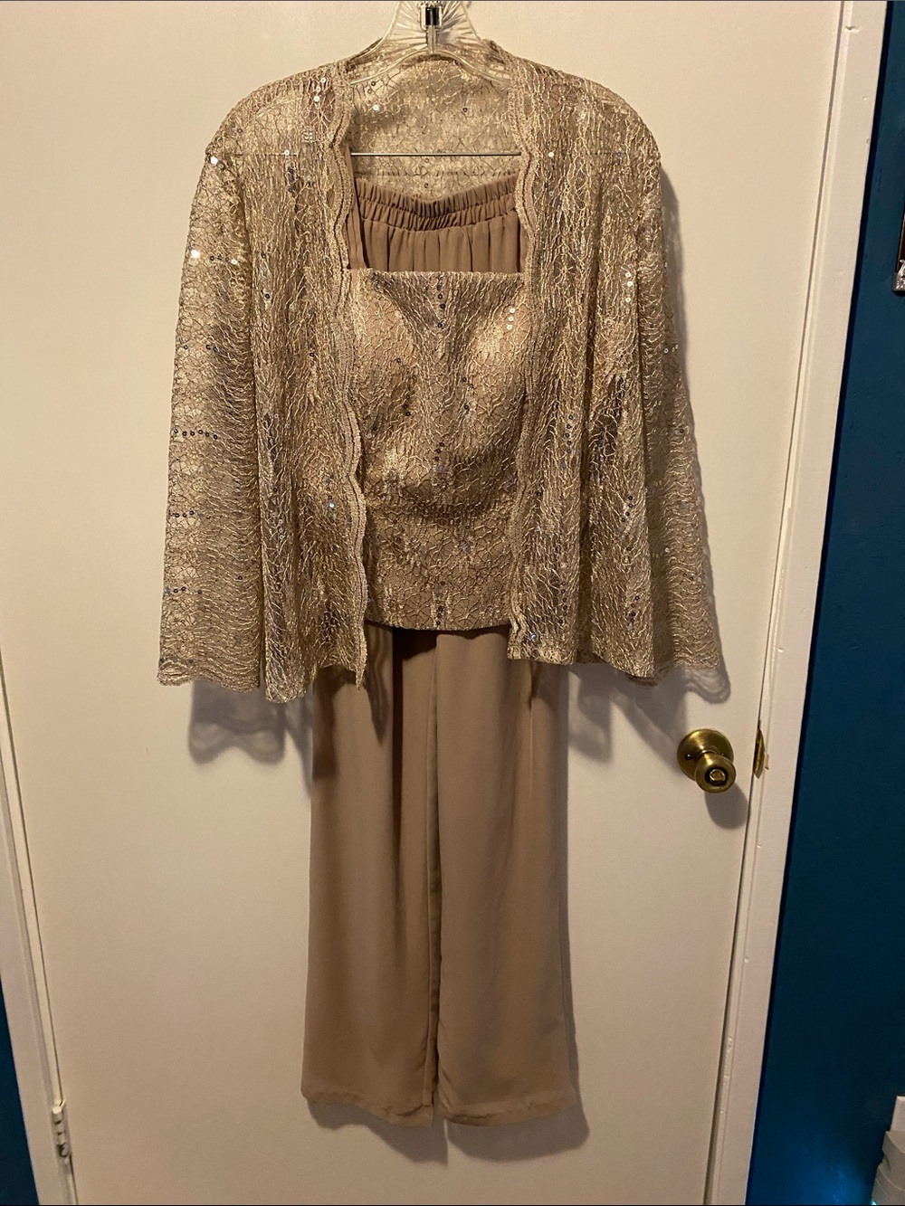 Beige Wide-Leg Jumpsuit with Sequined Lace Jacket
